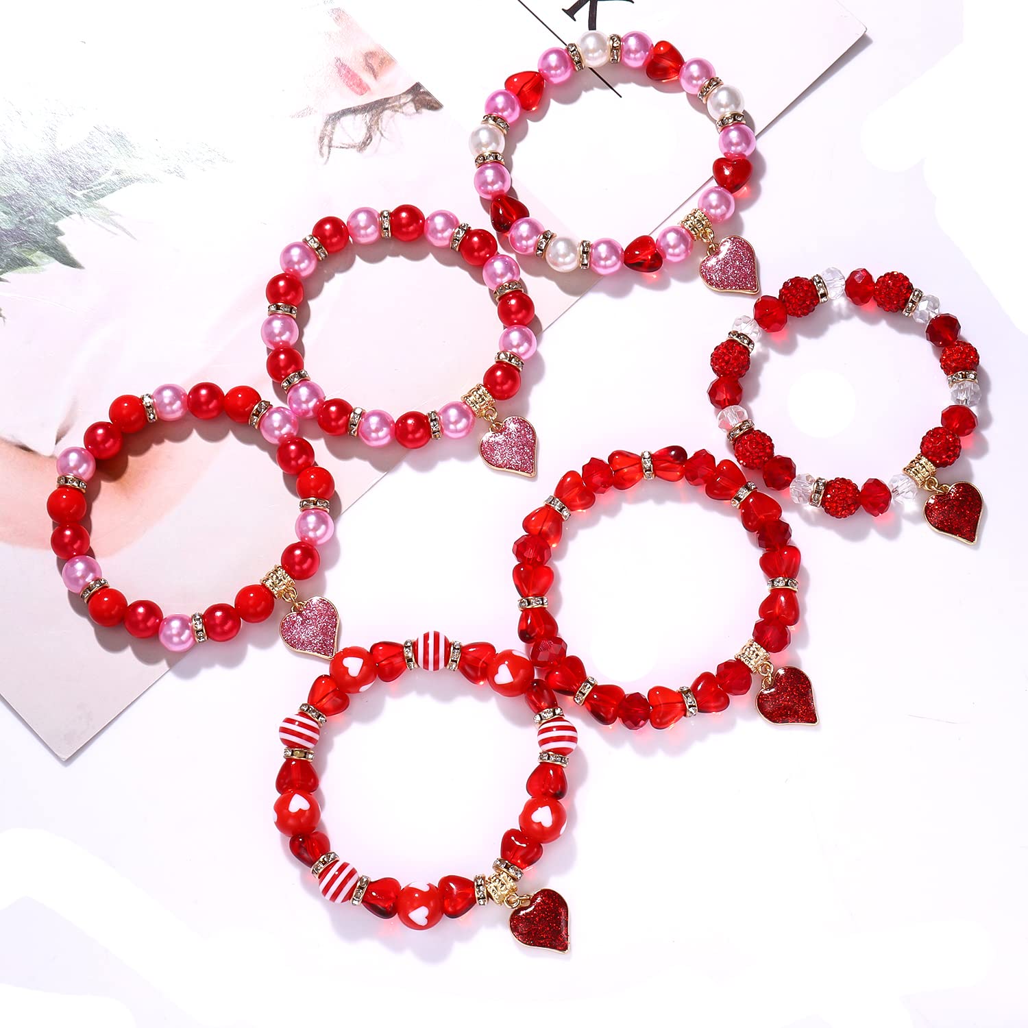 XOCARTIGE 6PCS Valentine’s Day Bracelets Red Heart Charms Bracelets for Women Crystal Pearl Beaded Stretch Bracelet Set Festive Birthday Party Gifts (6PCS Red Bracelets)