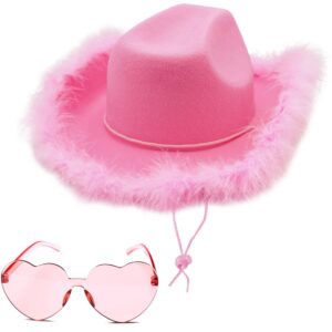 4e's novelty pink cowboy hat with feathers with heart shaped sunglasses for women, felt pink cowgirl hat for party costume dress up