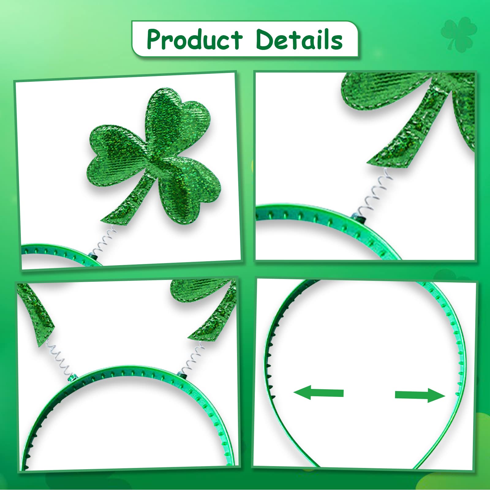 St Patricks Day Shamrock Headbands - 3 Pcs Green Clover Plain Hair Hoops Band Head Boppers Irish Party Favor Set Leprechaun Costume Accessories (Style C)