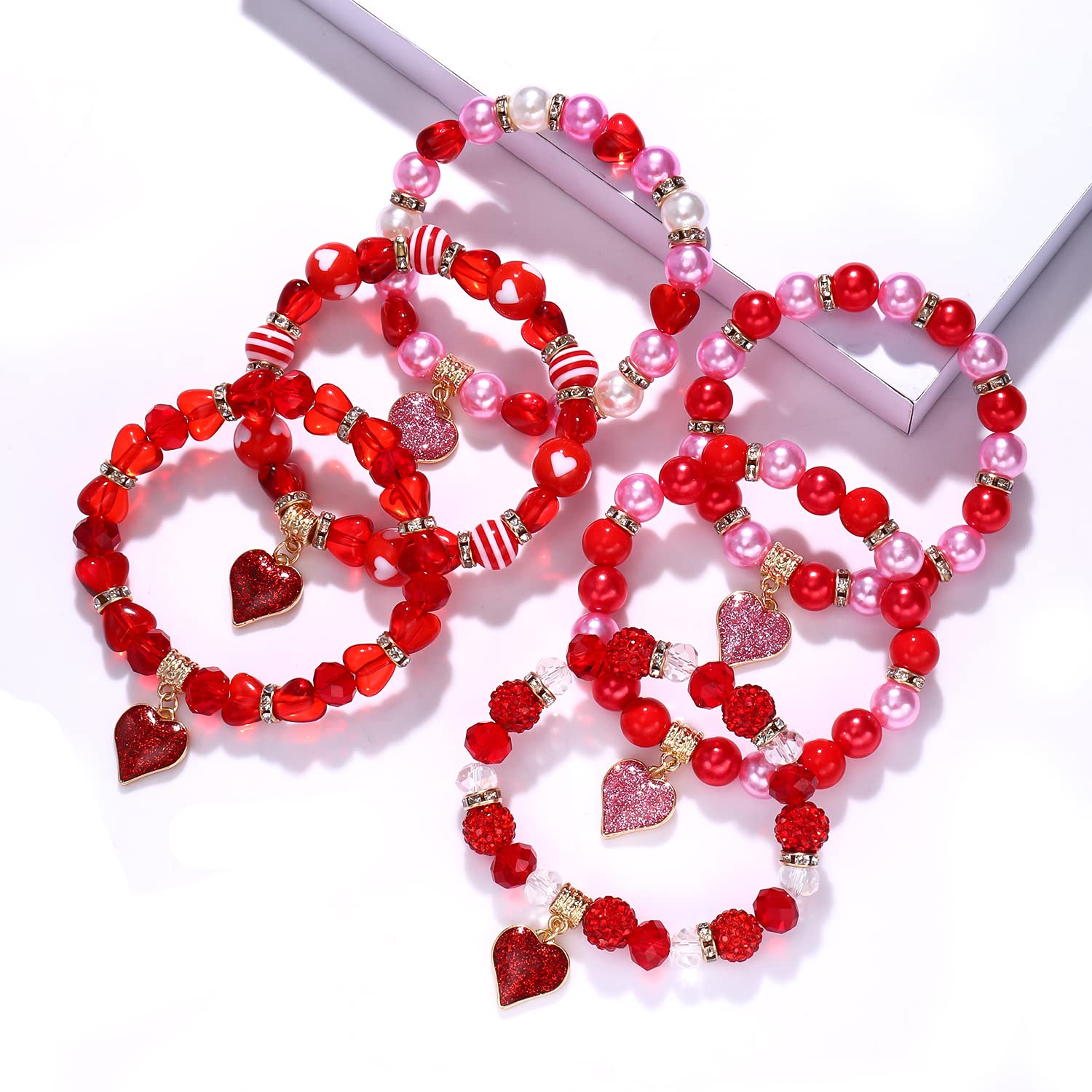 XOCARTIGE 6PCS Valentine’s Day Bracelets Red Heart Charms Bracelets for Women Crystal Pearl Beaded Stretch Bracelet Set Festive Birthday Party Gifts (6PCS Red Bracelets)