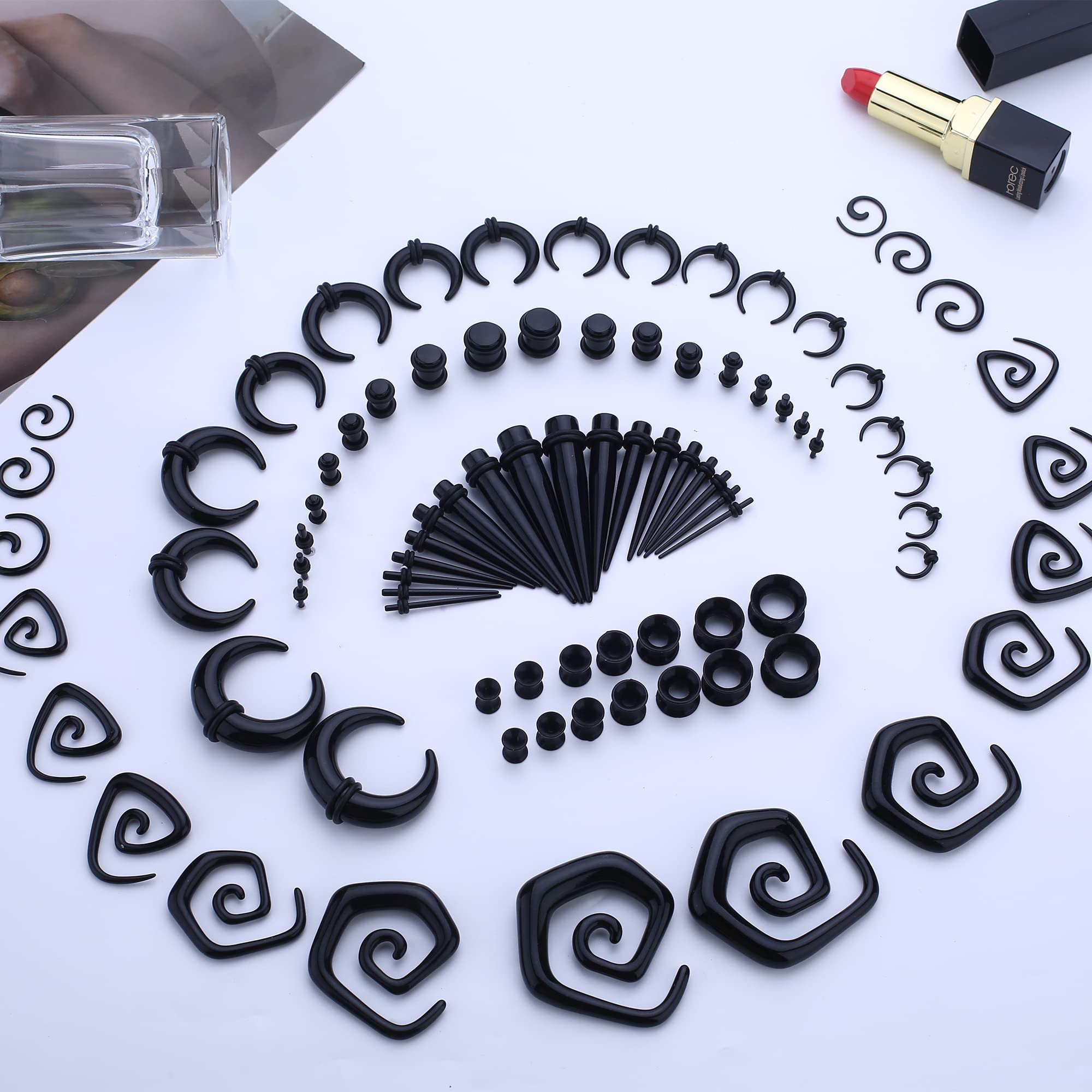 FASACCO 86Pcs Ear Stretching Kit Acrylic Tapers and Plugs Spiral Tapers Silicone Tunnels Ear Gauges Expander Set Ear Stretching Starter 14G-00G Body Piercing Jewelry Set