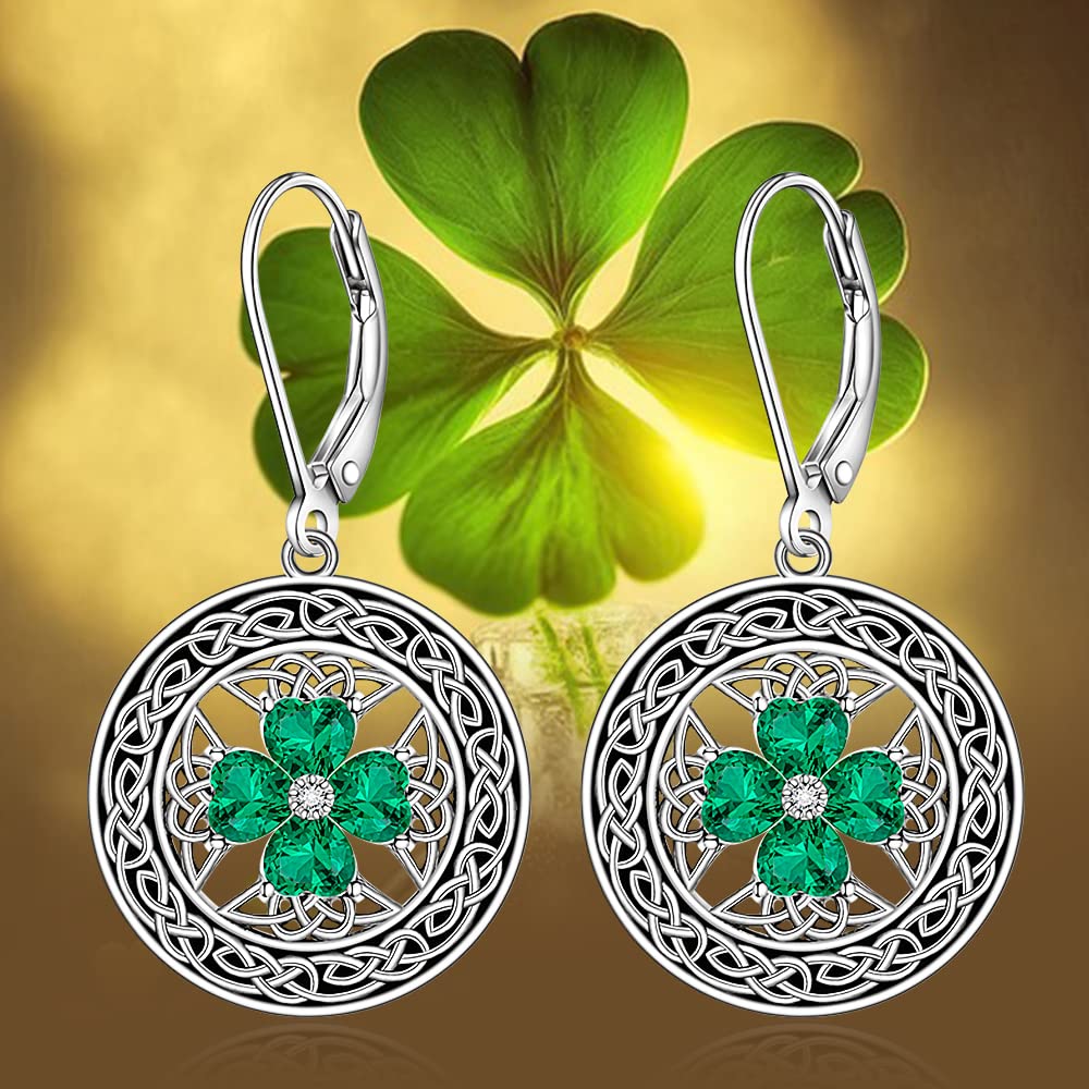 St Patricks Day Shamrock Earrings for Women Sterling Silver Green Celtic Knot Four Leaf Clover Irish Dangle Drop Earrings Crystal Vintage Black Circle Leverback Valentines Day Gift