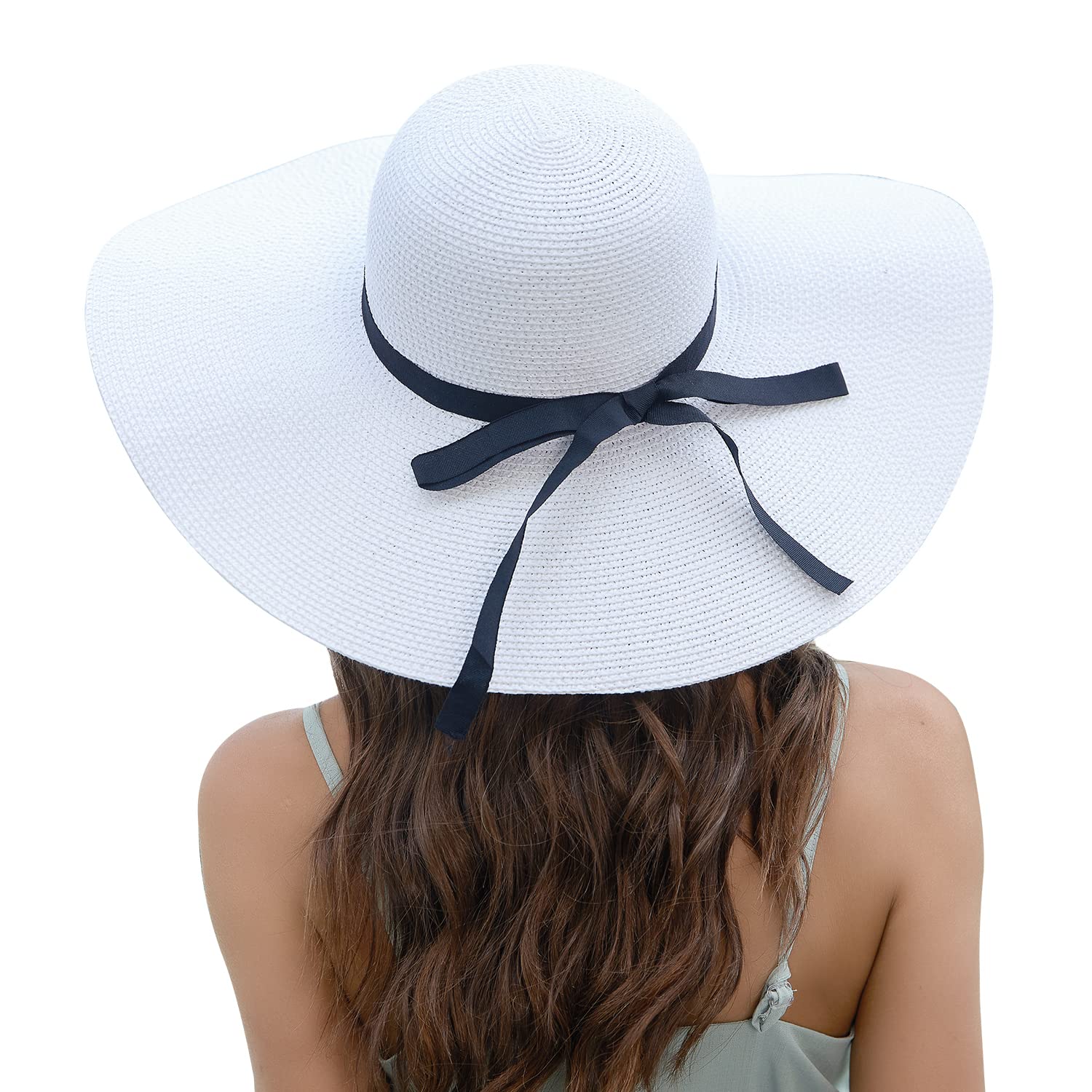 Naivlizer Women Wide Brim Sun Hat UPF50 Straw Summer Hat Floppy Beach Hat Roll-Up,Tie White