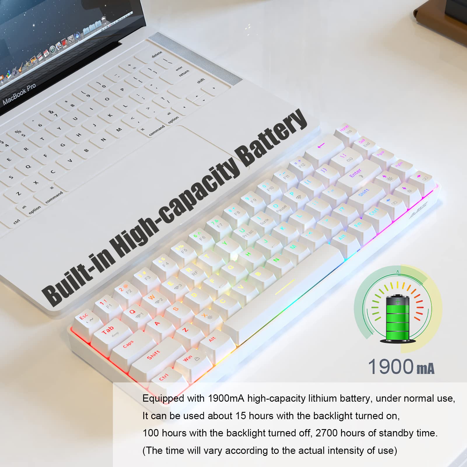 Ajazz K685T Wireless 60% Mechanical Keyboard, Bluetooth/2.4G/Wired Multi-Mode, RGB Backlight, N-Key Rollover 68 Keys, Hot Swap Switch, Compatible for Multi-Device Connection (White, Red Switch)