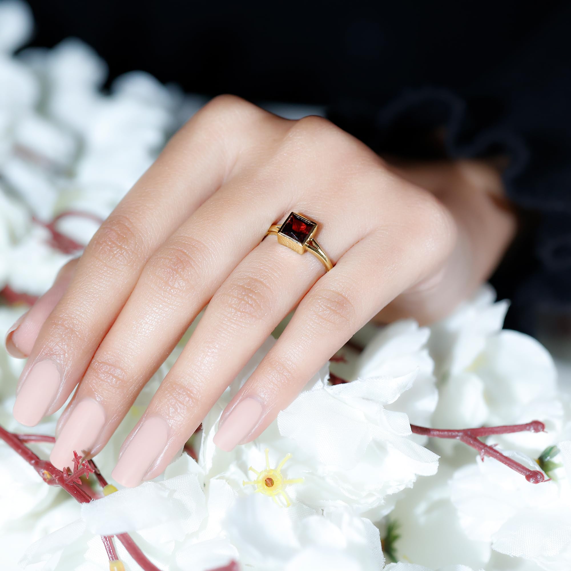 Rosec Jewels Natural Garnet Promise Ring for Women, AAA Quality, 6mm Princess Cut Garnet January Birthstone Ring - Ready To Gift, 14K Yellow Gold, Size:US 9.00