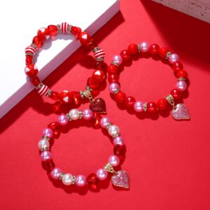 XOCARTIGE 6PCS Valentine’s Day Bracelets Red Heart Charms Bracelets for Women Crystal Pearl Beaded Stretch Bracelet Set Festive Birthday Party Gifts (6PCS Red Bracelets)