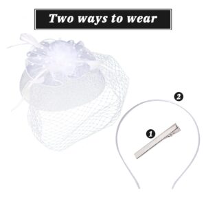 Yewong Fascinators Hat for Women Tea Party Headband Pillbox Kentucky Derby Hat Flower Cocktail Mesh Feathers Hair Clip Lace Gloves Pearl Necklace (White-1)