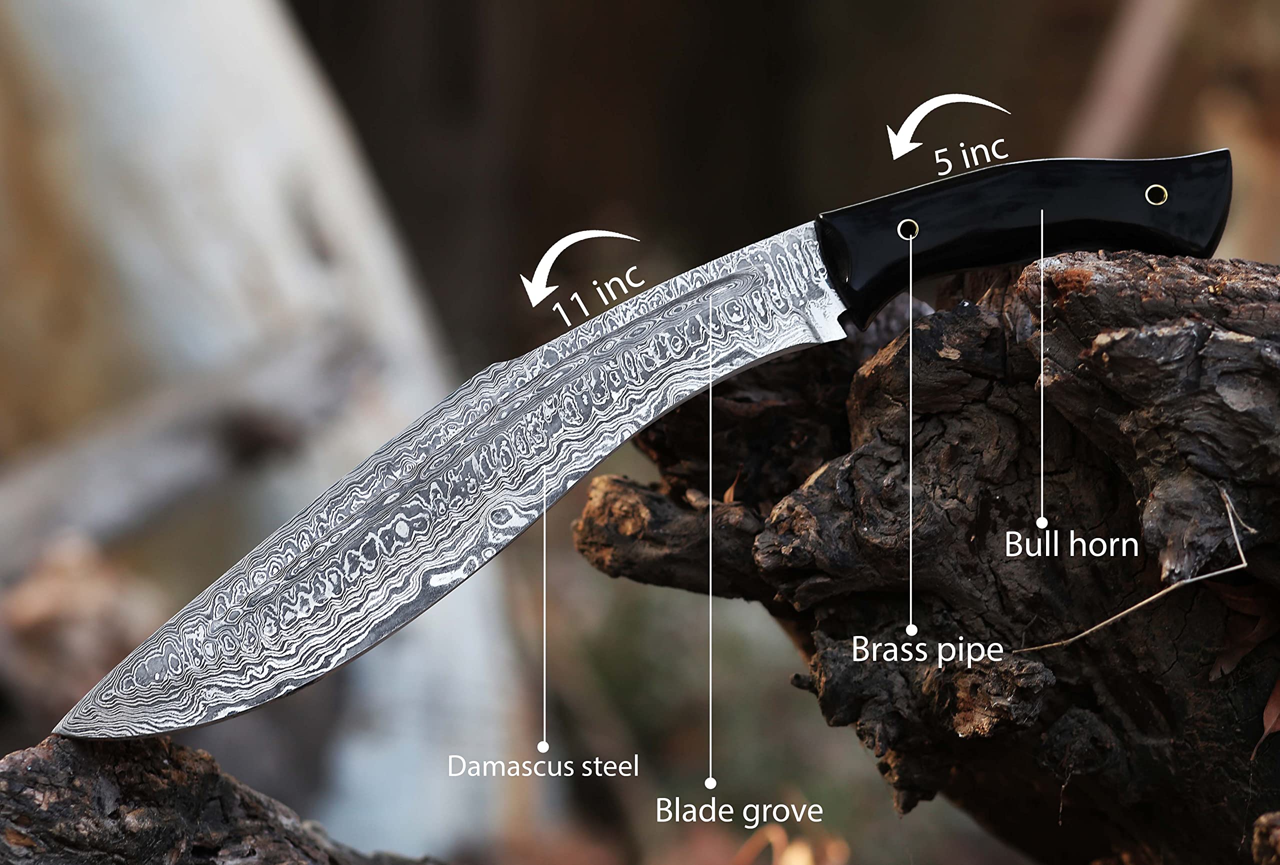 12.5 Inch long Hunting knife, Collectible knife, Natural Camel bone scale embellished with engraved brass finger guard, foil work spacer and pommel, Hand forged Twist pattern Damascus steel blade, Comes with Leather sheath