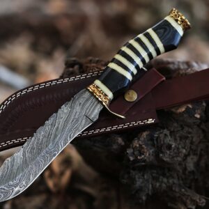 12.5 Inch long Hunting knife, Collectible knife, Scale is made of Camel bone and dollar wood, embellished with Engraved brass finger guard and pommel, Hand forged Twist pattern Damascus steel blade, Comes with Leather sheath