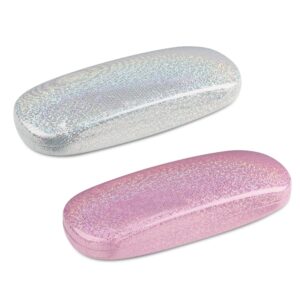 molshine 2 Pieces Glitter Hard Shell Eyeglass,Portable Dazzling Smooth Glasses Case for Men Women Girl Travel Study Work (White&Pink)