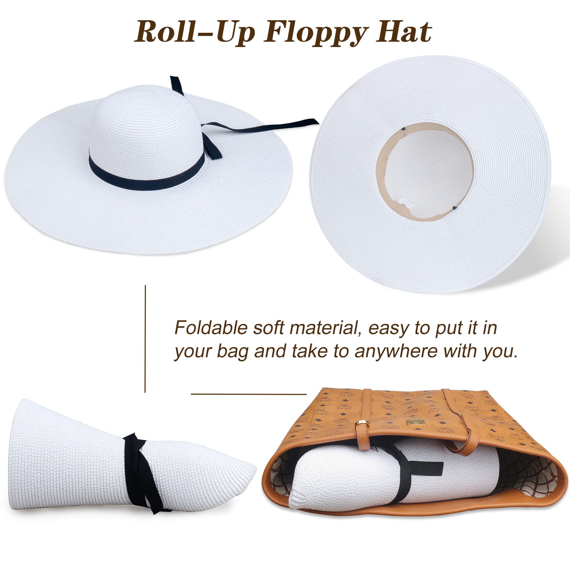 Naivlizer Women Wide Brim Sun Hat UPF50 Straw Summer Hat Floppy Beach Hat Roll-Up,Tie White