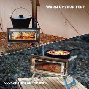 Fastfold Hot Tent Stove with Reinforced Body, Hot Tent Wood Stove with Secondary Combustion, Packable Camping Tent Stove with Carry Bag for Backpack, Fishing, Heating and Cooking, 94.5"Chimney