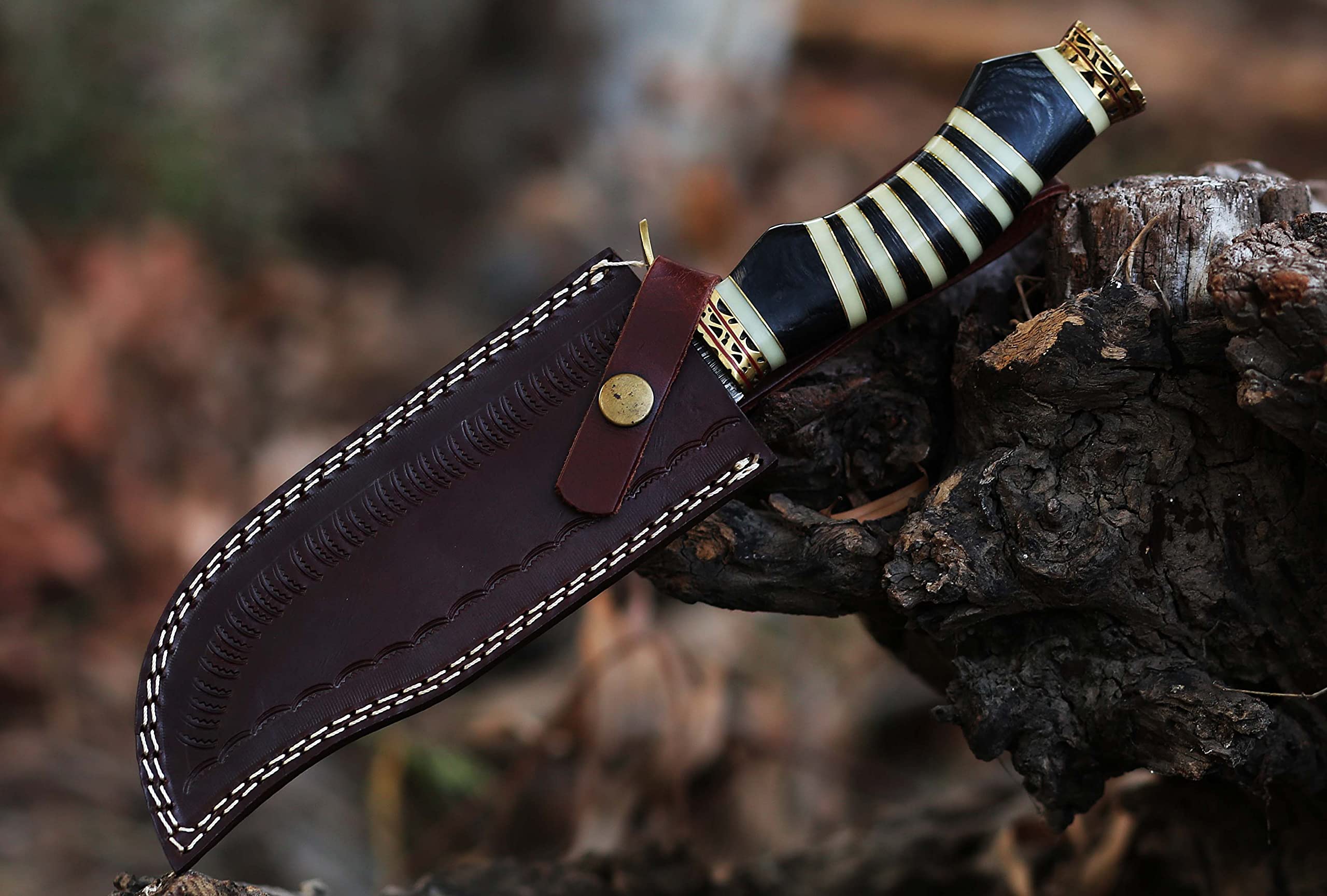 12.5 Inch long Hunting knife, Collectible knife, Scale is made of Camel bone and dollar wood, embellished with Engraved brass finger guard and pommel, Hand forged Twist pattern Damascus steel blade, Comes with Leather sheath