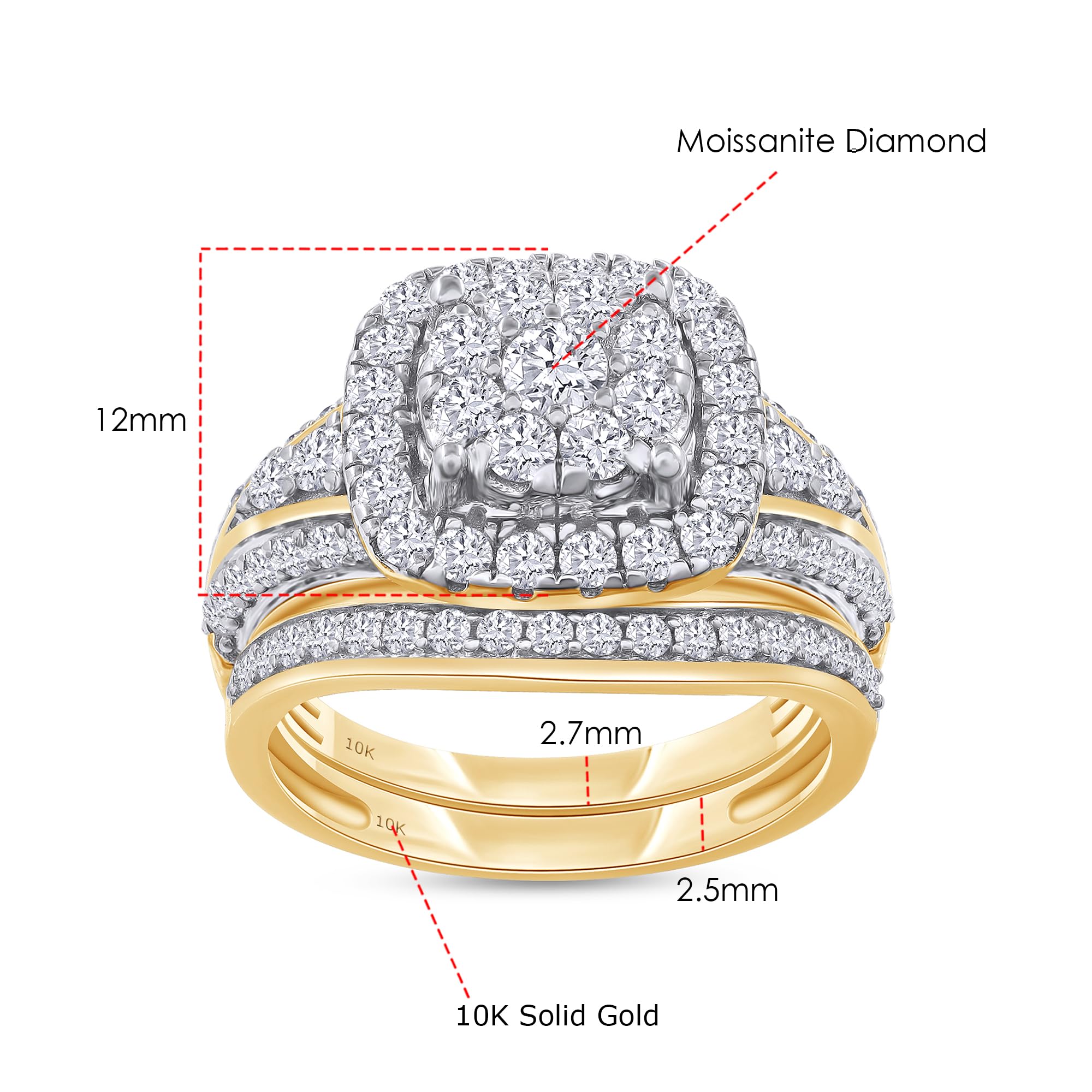 SAVEARTH DIAMONDS 1 1/4 CTTW Round Cut Lab Created Moissanite Diamond Double Halo Bridal Set Wedding Ring In 10K Solid Yellow Gold (VVS1 Clarity, 1.25 Cttw)-9