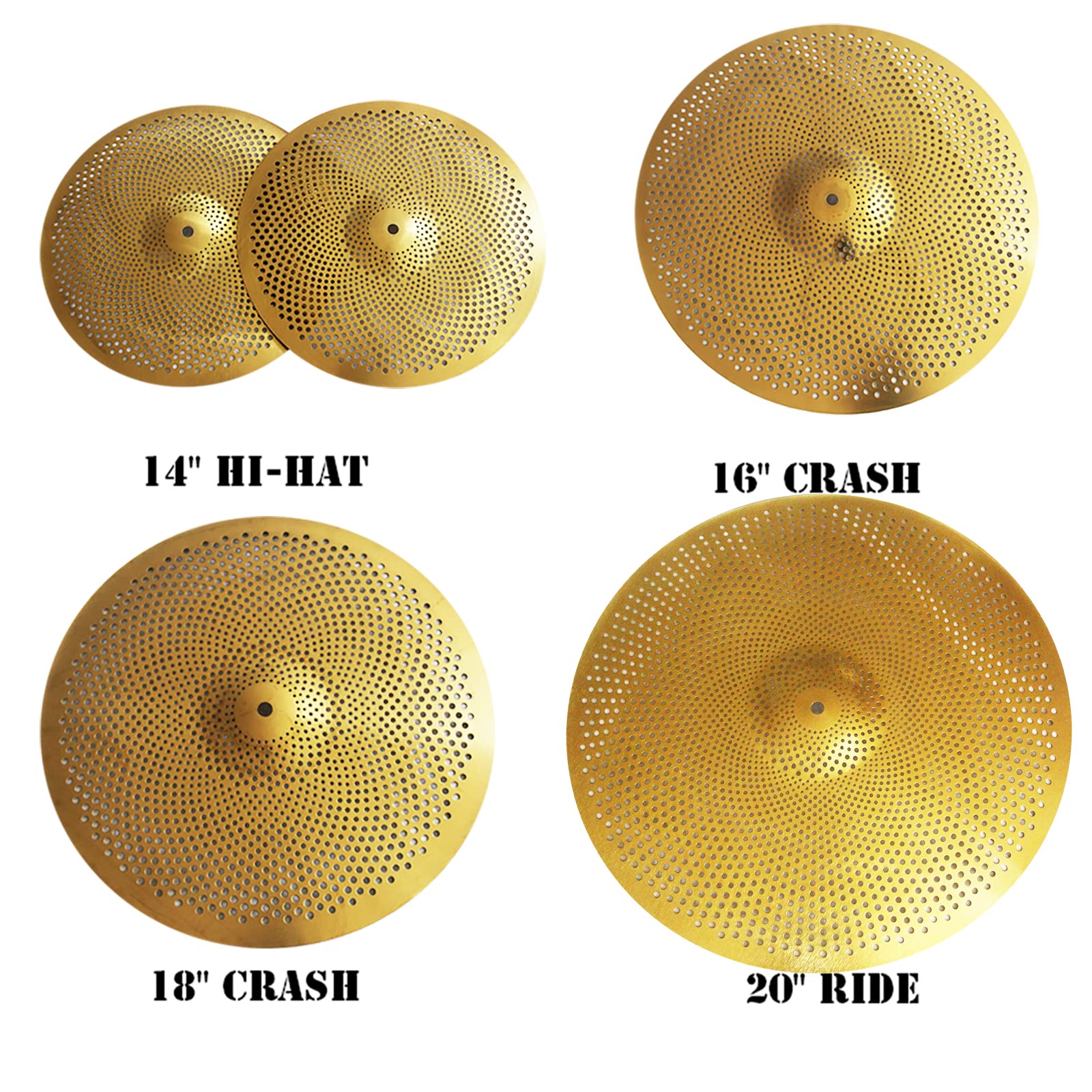 Quiet Cymbal Pack Low Volume Drum Cymbal Set 14"Hihats 16"Crash 18"Crash 20"Ride 5 Pieces Free Plus Cymbal Bag Drum Cymbal (Golden)