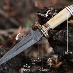 12.5 Inch long Hunting knife, Collectible knife, Natural Camel bone scale embellished with engraved brass finger guard, foil work spacer and pommel, Hand forged Twist pattern Damascus steel blade, Comes with Leather sheath