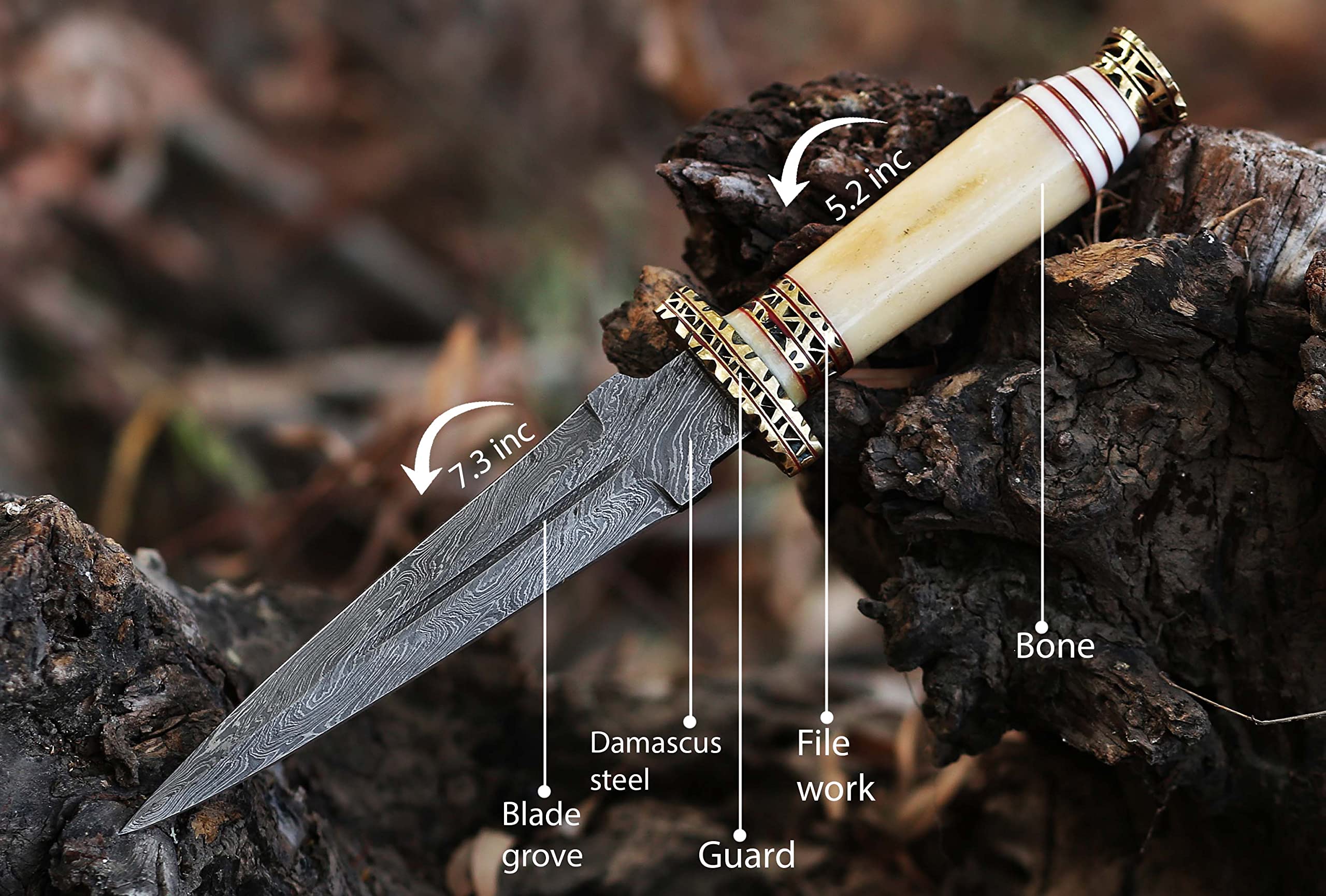 12.5 Inch long Hunting knife, Collectible knife, Natural Camel bone scale embellished with engraved brass finger guard, foil work spacer and pommel, Hand forged Twist pattern Damascus steel blade, Comes with Leather sheath