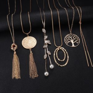 HAIAISO 6Pcs Long Necklaces for Women Tassel Pendant Necklace Circle Knot Bar Feather Leaf Sweater Necklace Statement Necklace for Women