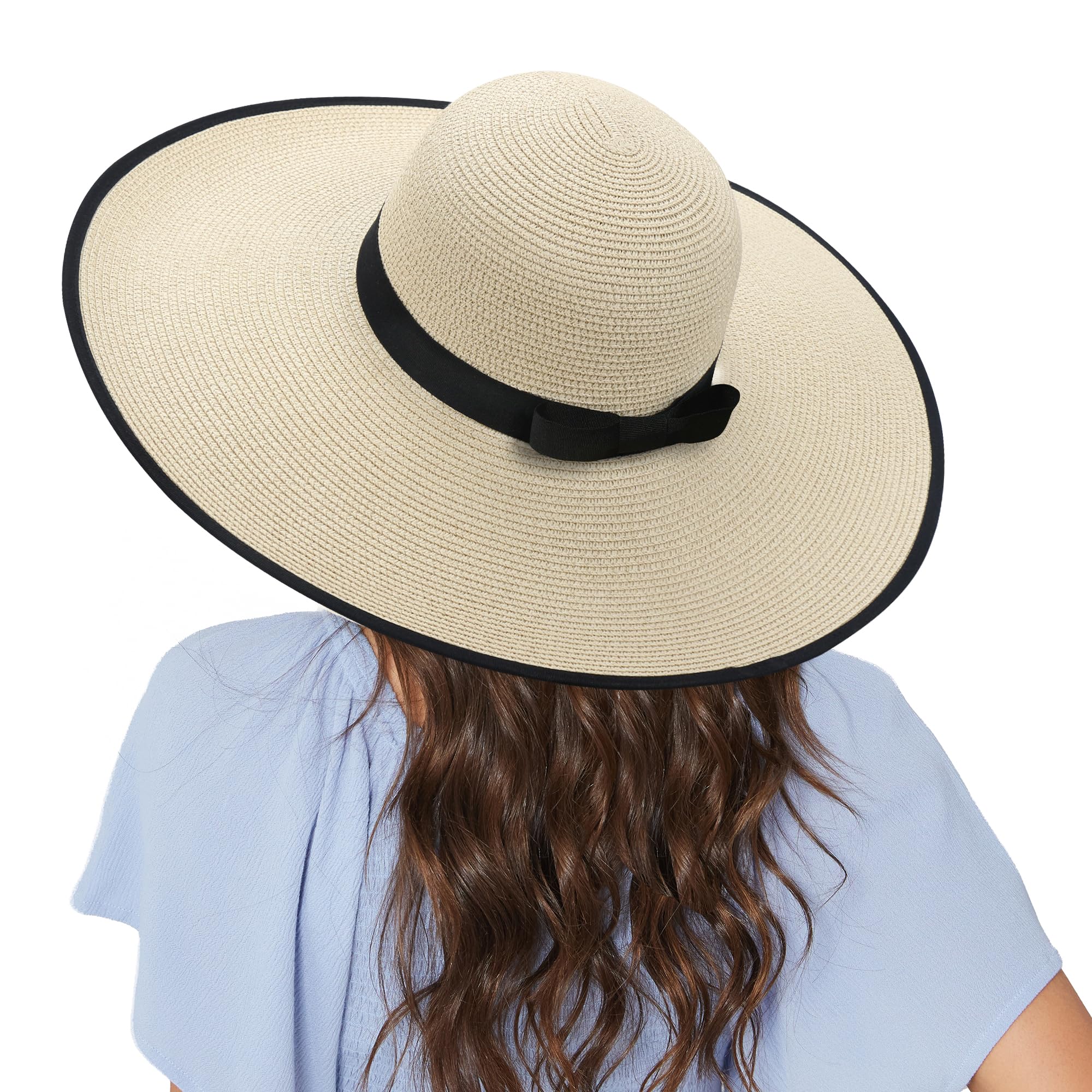 Naivlizer Women Wide Brim Sun Hat UPF50 Straw Summer Hat Floppy Beach Hat Roll-Up,Beige