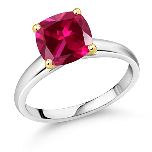 Gem Stone King 925 Sterling Silver with 10K Yellow Gold Prongs Red Created Ruby Women Ring (2.50 Cttw, Cushion 8MM, Available In Size 5, 6, 7, 8, 9)