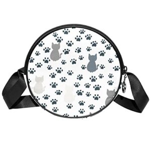 cat with paw prints crossbody bag for women teen girls round canvas shoulder bag purse tote handbag bag