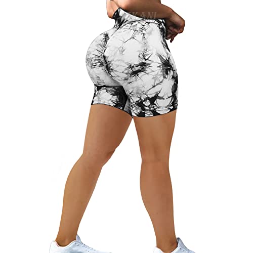 SZKANI Tie Dye Seamless Workout Shorts Scrunch Butt Lifting Biker Shorts High Waisted Yoga Shorts for Women((F-Tie Dye)-Black White,Large)