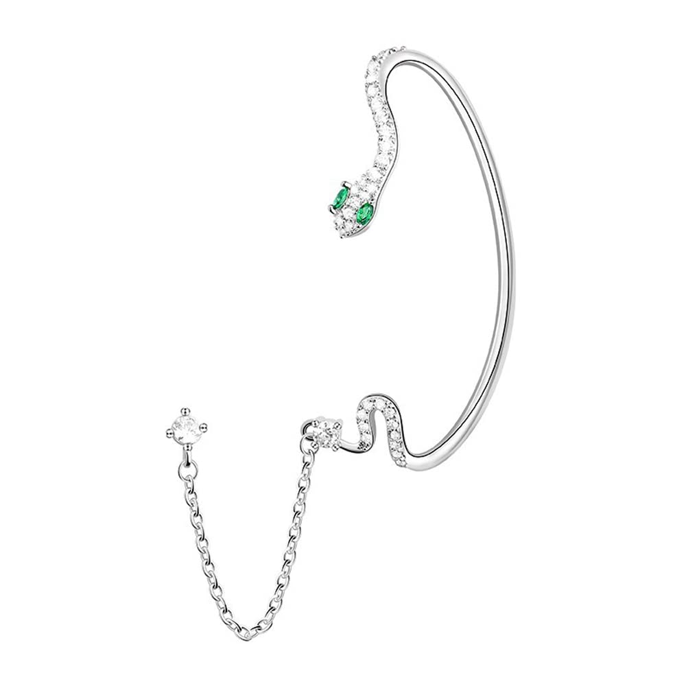 Ear Cuff Chain Snake Earring Silver For Women Green Rhinestone Dainty Cute Aesthetic Shiny One Piece Left Ear Snake Earrings Cartilage Clip On Chain Dangly For Women (Silver)