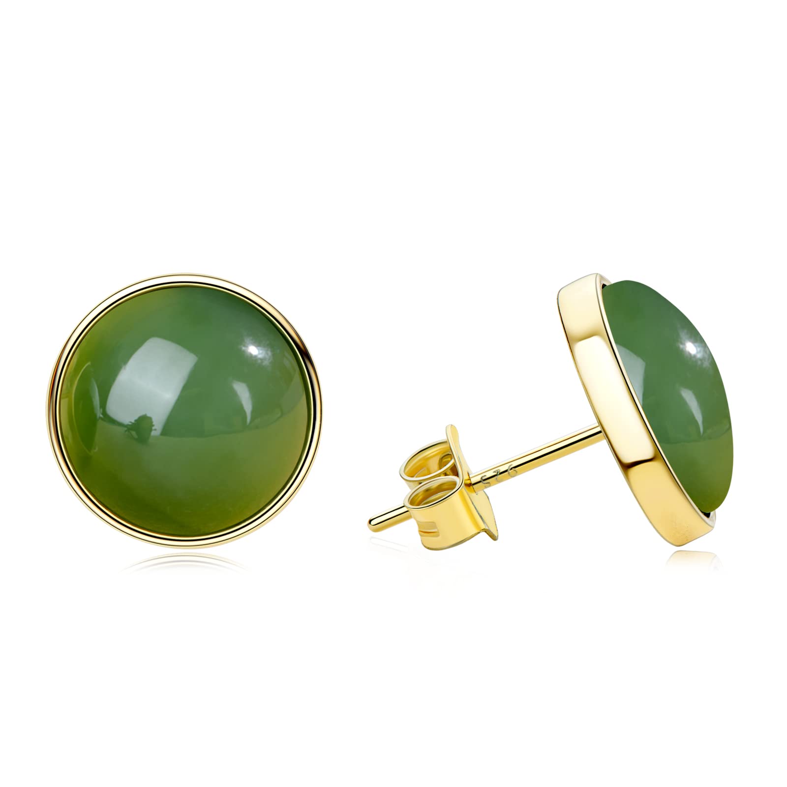 DENGGUANG Jade Stud Earrings for Women, Natural Real Green Jade 14k Yellow Gold Plated Sterling Silver Hypoallergenic Earrings, Jewelry Gifts for Wife Mom (Size:10mm)