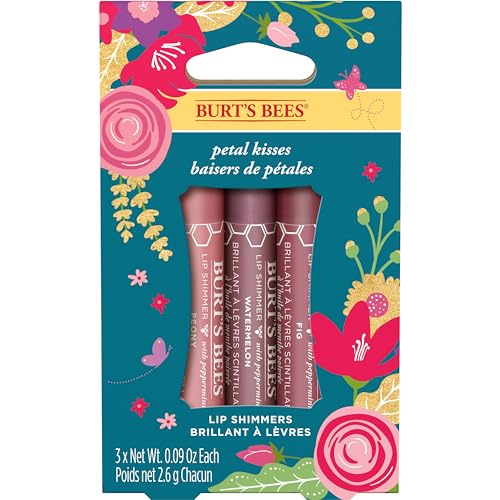 Burt's Bees Gifts, 3 Moisturizing Lip Shimmer Products, Petal Kisses Kissable Color Spring Set - Peony, Fig & Watermelon (3 Pack)