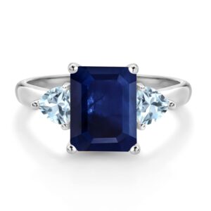 Gem Stone King 10K White Gold Blue Sapphire and Sky Blue Aquamarine Engagement Ring | 2.86 Cttw | Emerald Cut 9X7MM | Trillion 4MM | 3 Stone Gold Ring for Women (Size 6)