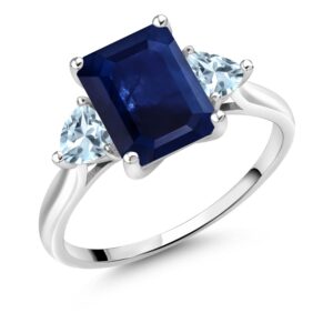 gem stone king 10k white gold blue sapphire and sky blue aquamarine engagement ring | 2.86 cttw | emerald cut 9x7mm | trillion 4mm | 3 stone gold ring for women (size 6)