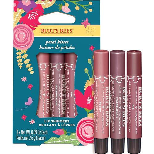 Burt's Bees Gifts, 3 Moisturizing Lip Shimmer Products, Petal Kisses Kissable Color Spring Set - Peony, Fig & Watermelon (3 Pack)