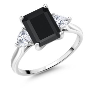 Gem Stone King 10K White Gold Black Onyx and White Moissanite 3-Stone Engagement Ring | 2.56 Cttw | Emerald Cut 9X7MM | 3 Stone Wedding Anniversary Promise Ring For Women (Size 7)