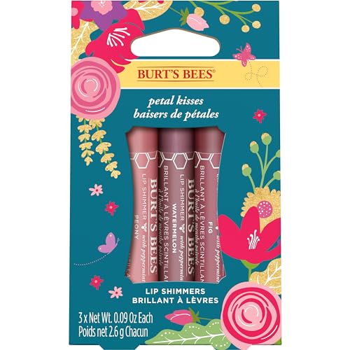 Burt's Bees Gifts, 3 Moisturizing Lip Shimmer Products, Petal Kisses Kissable Color Spring Set - Peony, Fig & Watermelon (3 Pack)