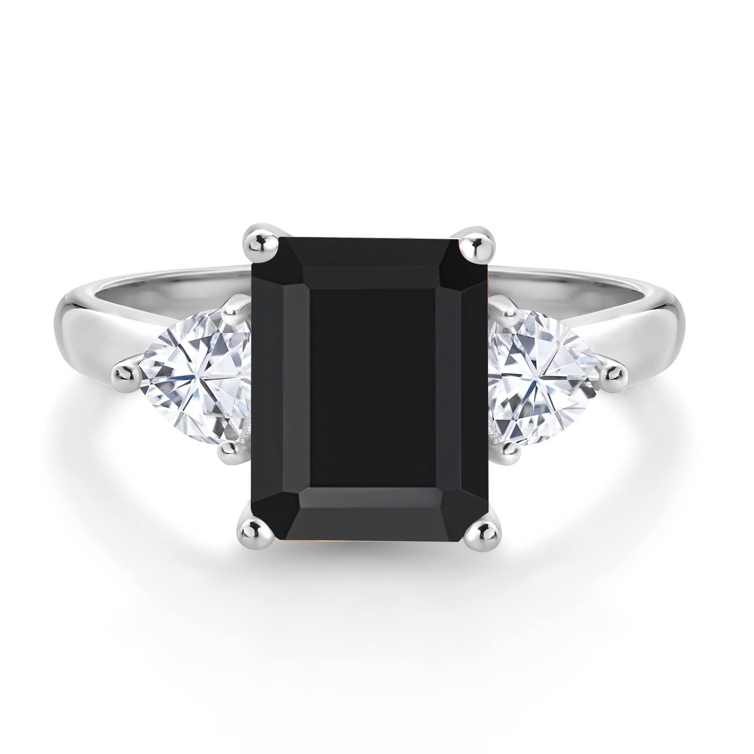 Gem Stone King 10K White Gold Black Onyx and White Moissanite 3-Stone Engagement Ring | 2.56 Cttw | Emerald Cut 9X7MM | 3 Stone Wedding Anniversary Promise Ring For Women (Size 7)