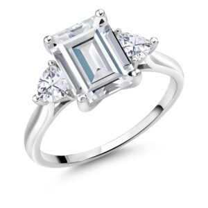 Gem Stone King 10K White Gold Moissanite Ring | 2.98 Cttw | Emerald Cut 9X7MM | Trillion 4MM | 3 Stone Wedding Engagement Anniversary Promise 3-Stone White Gold Ring For Women (Size 7)