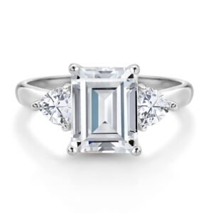 Gem Stone King 10K White Gold Moissanite Ring | 2.98 Cttw | Emerald Cut 9X7MM | Trillion 4MM | 3 Stone Wedding Engagement Anniversary Promise 3-Stone White Gold Ring For Women (Size 7)