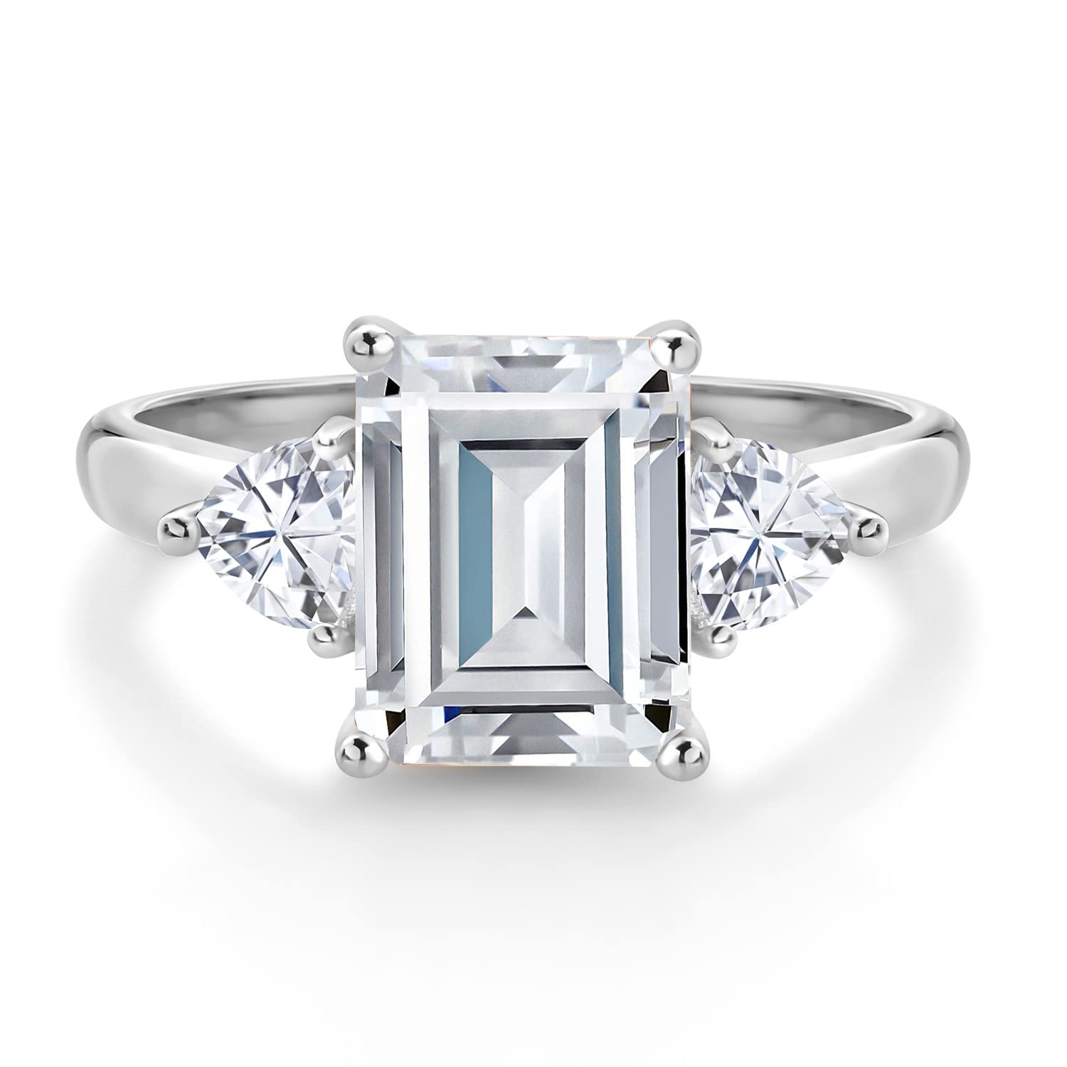 Gem Stone King 10K White Gold Moissanite Ring | 2.98 Cttw | Emerald Cut 9X7MM | Trillion 4MM | 3 Stone Wedding Engagement Anniversary Promise 3-Stone White Gold Ring For Women (Size 7)