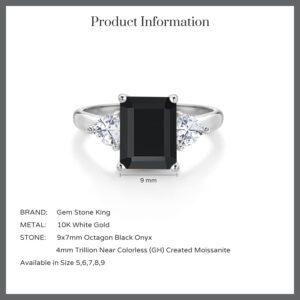 Gem Stone King 10K White Gold Black Onyx and White Moissanite 3-Stone Engagement Ring | 2.56 Cttw | Emerald Cut 9X7MM | 3 Stone Wedding Anniversary Promise Ring For Women (Size 9)