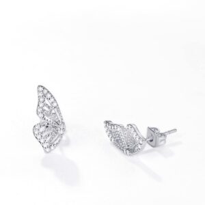 Luxval Silver CZ Butterfly Wing Earrings (A Pair), Sterling Silver,Brass Butterfly Studs, Half Butterfly Studs, Sparkly Butterfly Earrings, Tiny Cartilage Hypoallergenic Earring for women