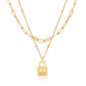 Lukieny Gold Layered Initial Necklaces for Women 18K Gold Plated Dainty Layered Letter Lock Necklace for Women Gold Padlock Pendant Necklaces for Girls Personalized Trendy Jewelry (Z)