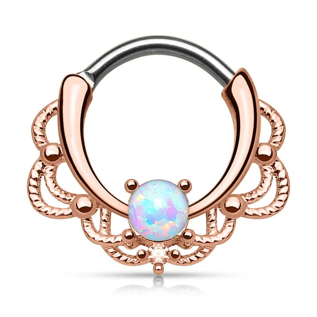 1 Pc Rose Gold Plated Lacey Single White Opal Septum Clicker Nose Ring 16g