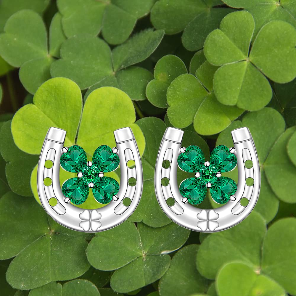 Shamrock Earrings Sterling Silver St Patrick’s Day Earrings Lucky Horseshoe Stud Clover Earrings Four Leaf Clover Emerald Green Irish Gifts