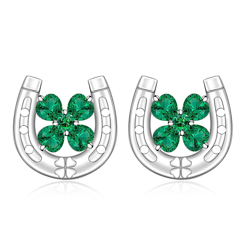 Shamrock Earrings Sterling Silver St Patrick’s Day Earrings Lucky Horseshoe Stud Clover Earrings Four Leaf Clover Emerald Green Irish Gifts