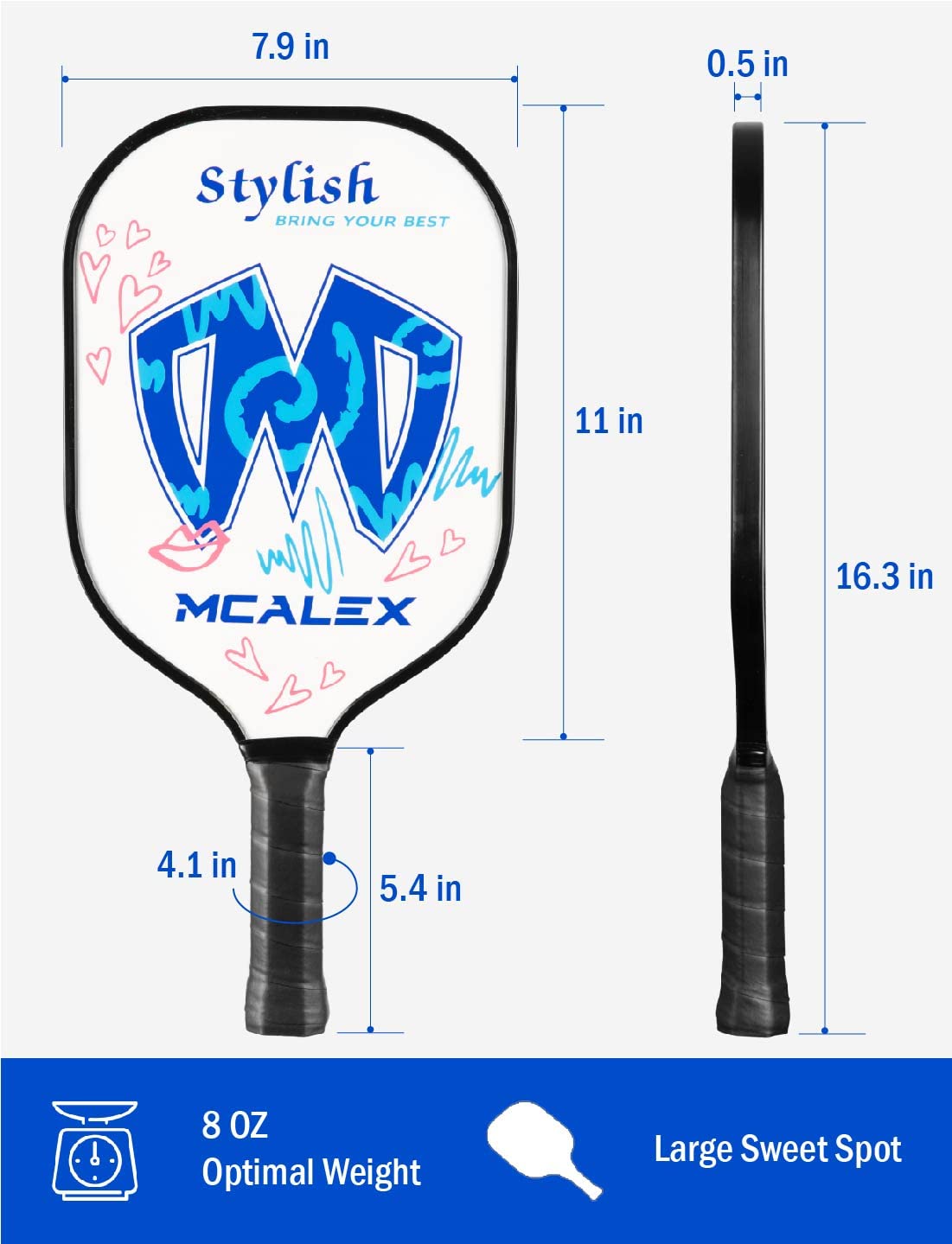 MCALEX Pickleball Paddles, Graphite Pickleball Paddle, Graphite Carbon Fiber Surface with Cushion Comfort Grip Easy to Hold, 8.2 Ounces (Blue/White)