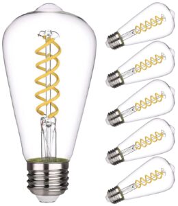 kiraralite st19(st58) led edison bulb, vintage,6 pack,natural white 4000k, antique flexible spiral led filament light bulb, dimmable, 600lm, 6w equivalent to 60w, e26 base,clear glass