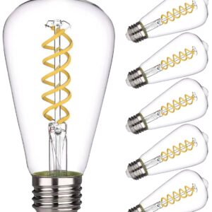 Kiraralite ST19(ST58) LED Edison Bulb, Vintage,6 Pack,Natural White 4000K, Antique Flexible Spiral LED Filament Light Bulb, Dimmable, 600LM, 6W Equivalent to 60W, E26 Base,Clear Glass