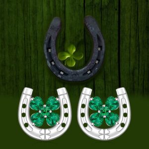 Shamrock Earrings Sterling Silver St Patrick’s Day Earrings Lucky Horseshoe Stud Clover Earrings Four Leaf Clover Emerald Green Irish Gifts