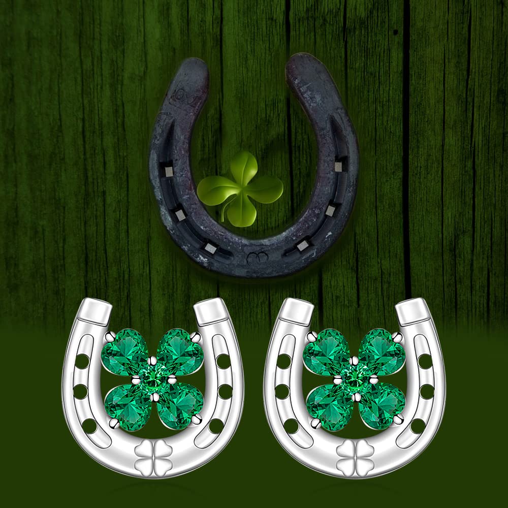 Shamrock Earrings Sterling Silver St Patrick’s Day Earrings Lucky Horseshoe Stud Clover Earrings Four Leaf Clover Emerald Green Irish Gifts