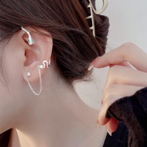 Ear Cuff Chain Snake Earring Silver For Women Green Rhinestone Dainty Cute Aesthetic Shiny One Piece Left Ear Snake Earrings Cartilage Clip On Chain Dangly For Women (Silver)